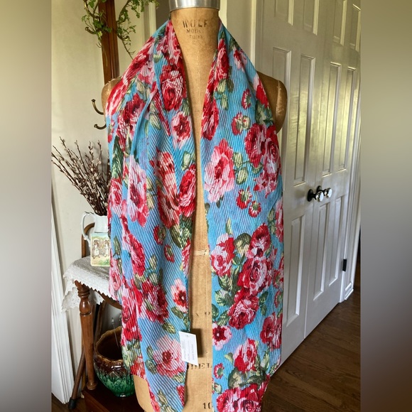 Turquoise and Roses Flowy Scarf 6’ NWT RETRO FABULOUS - Picture 6 of 10